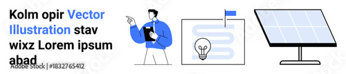 Renewable energy, technology presentation, innovation, clean energy, education, sustainability. A figure presenting with a clipboard, lightbulb flow chart and solar panel. Renewable energy