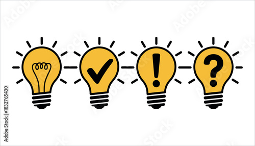 Four yellow light bulbs with different symbols on a white background idea check mark