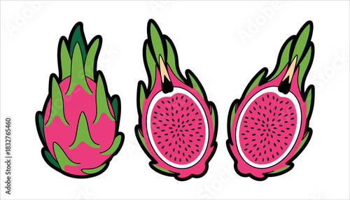Pink dragon fruit whole and halved with black outlines on white background pitaya pink fruit