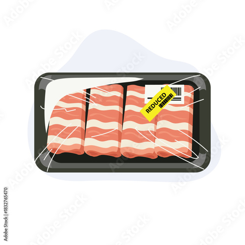 packaged meat in plastic wrapped food tray with discount sticker