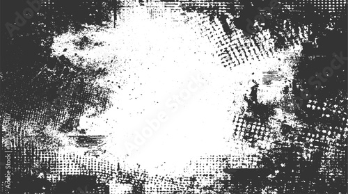 Black and white distressed grunge texture with abstract splatters and halftone patterns vector