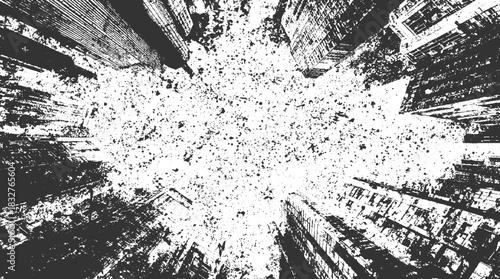 Black and white abstract textured view looking up at tall buildings with speckled sky architecture background