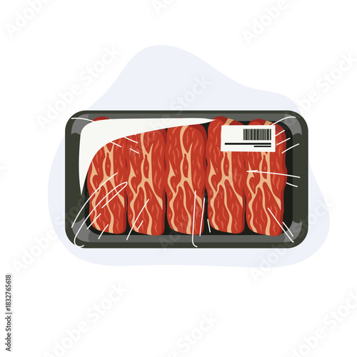 Top view of sliced beef raw meat in plastic tray with cling wrap and barcode label food illustration