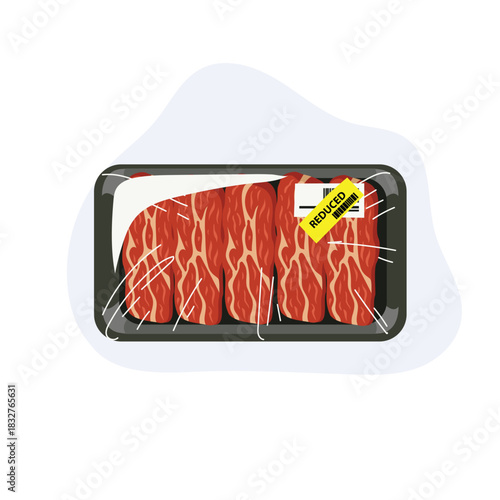Raw Beef Slices in Plastic Wrapped Meat Tray Supermarket Discount Label Food Packaging