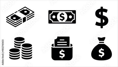 Set of black money icons including dollar sign coins bills and money bag finance currency