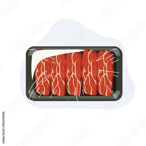 Raw meat sliced beef packaged in plastic wrap fresh marbled beef tray food illustration