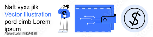 Fintech, digital wallet, online payment, financial transaction, cashless economy, digital savings. Person holding a coin, wallet with circuit pattern dollar sign coin. Fintech and digital wallet