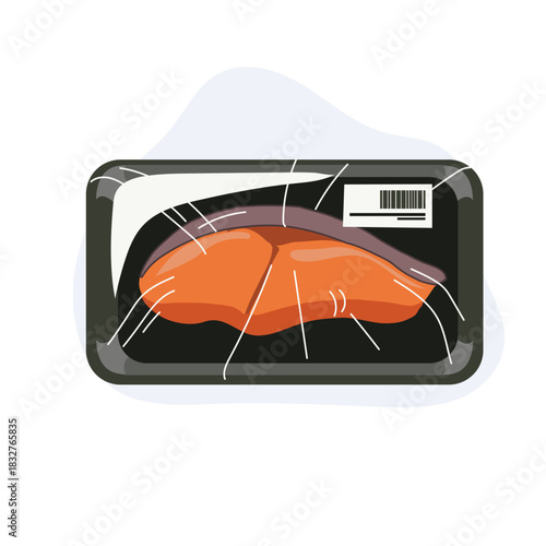 fresh salmon fillet packaged in a plastic tray with wrap and barcode,