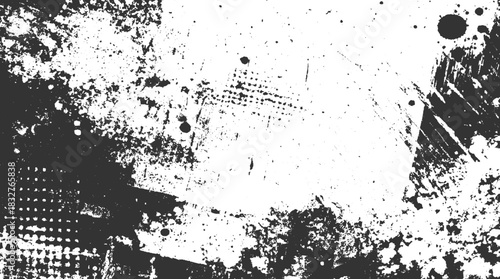 Black and white textured grunge background with splatters and dots abstract