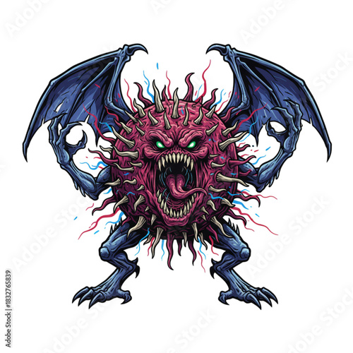 Illustration of a monster-shaped virus character. Isolated on a white background.