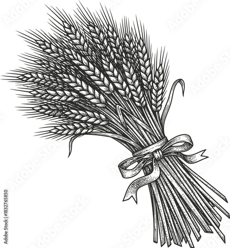 Sheaf of wheat stalks tied with a ribbon representing harvest and agriculture.