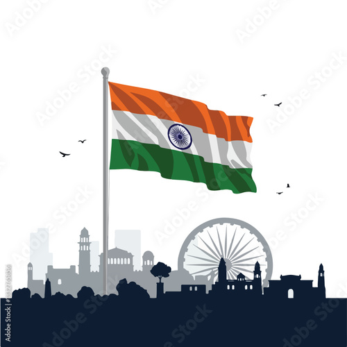 Indian Flag Waving Over City Skyline with Ferris Wheel and Birds, republic day.