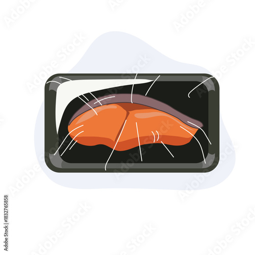 packaged salmon sashimi in a plastic tray with cling wrap