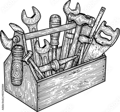 Silhouette of a classic toolbox containing various hand tools for repair and construction
