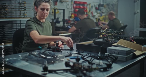 Military Grade Drone Assembly By Focused Female Defense Worker. Woman Assembling Military Grade FPV Drones. Concept of Facility Dedicated Defense Technology and Security Innovation. Dolly Shot.