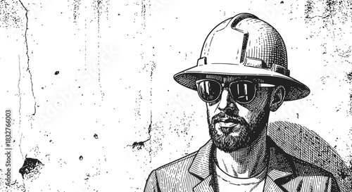 Silhouetted person wearing a hard hat in a dark environment with grunge background