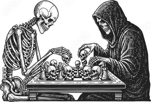 Skeletal monkey pulling a large industrial lever on a dark background concept.