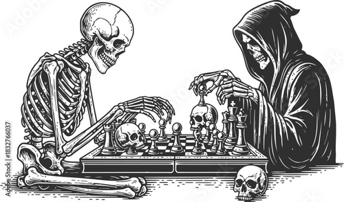 Skeleton and hooded figure playing a strategic game of chess on a dark background