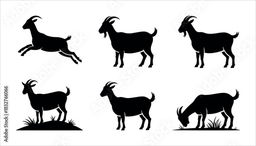 Six black goat silhouettes in various poses on a white background animal