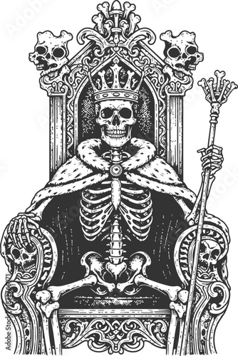 Skeleton monarch seated on an ornate throne with a scepter against a black background