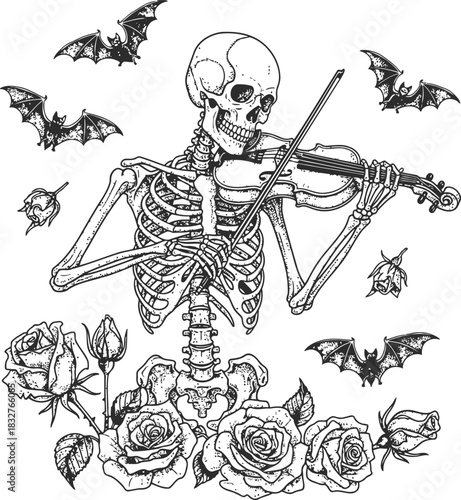 Skeleton playing violin surrounded by flying bats roses and autumn leaves illustration