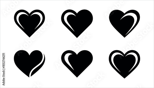 Six black heart shapes with white highlights on white background hearts love