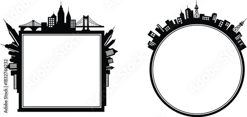 City skyline frames with rectangular and oval shapes for design projects