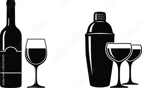 Elegant wine bottle and cocktail shaker with glasses illustration
