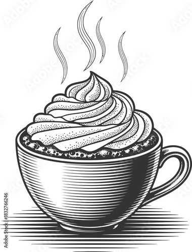 Steaming hot drink in a mug with whipped cream topping vintage engraving style
