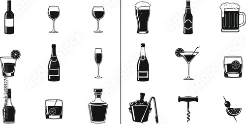 Collection of various alcohol drinks in black and white sketch style