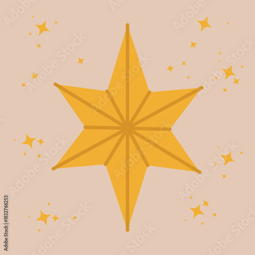 Set of Christmas star ornament with geometric rays. Bright golden festive decoration for winter holiday tree. Flat vector illustration isolated on a background. new year . Nursery Christmas Star 