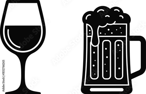 Elegant wine glass and frothy beer mug black and white vector