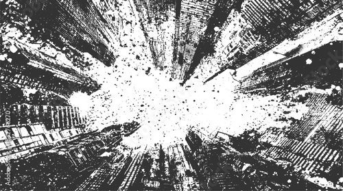 Black and white abstract grunge texture of tall buildings viewed from below vector