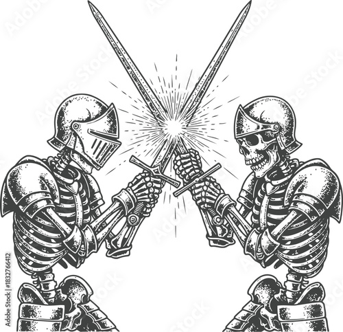Two armored figures engage in a sword fight with powerful radiating light on dark background