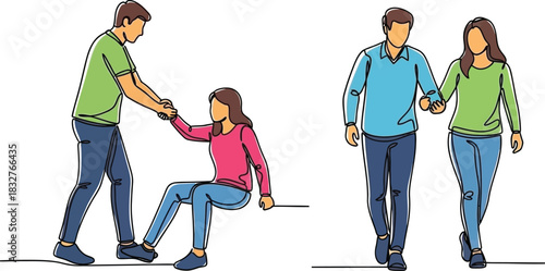 Stylized illustration of young people helping each other and walking together