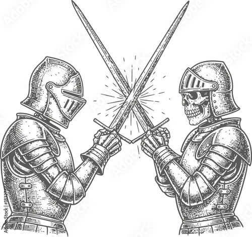 Two armored knights in a medieval duel with crossed swords and dynamic clash