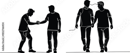 Silhouette of men interacting and walking in a group black and white