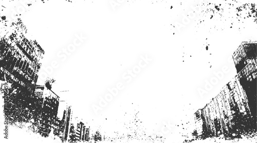Black and white grunge texture with abstract building silhouettes and splatter vector
