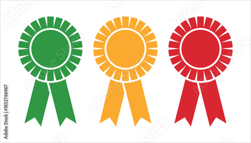 Three award ribbons green orange red on white background rosette medal