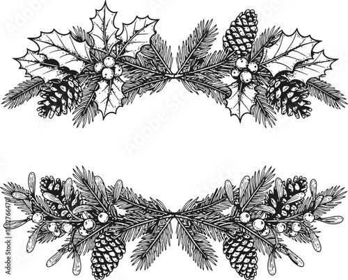 Two pairs of dark winter foliage silhouettes with pine needles and holly leaves on black background