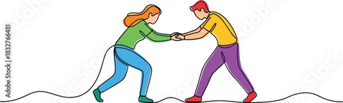 Couple walking on a tightrope balancing together with shared risk