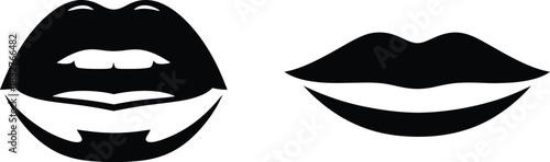 Two contrasting lip designs open mouth and closed smile in black and white