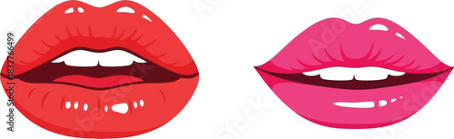 Two pairs of glossy lips in red and pink on white background