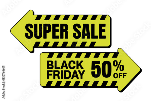 Super sale Black Friday promotion with 50 percent off, vibrant yellow arrow signs point the way to savings during the shopping event, modern marketing campaign