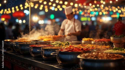 street food stall in china, with numerous pots of cooking sauces and steaming dishes