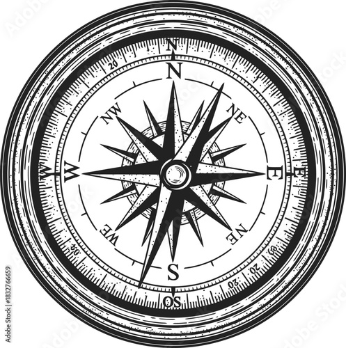 Vintage compass rose with grunge texture indicating cardinal and intercardinal directions