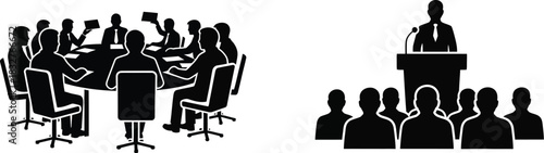 Business meeting and presentation silhouettes corporate collaboration and public speaking