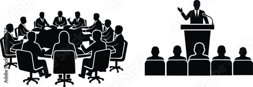 Conference meeting and public speaking silhouette illustration for business and education