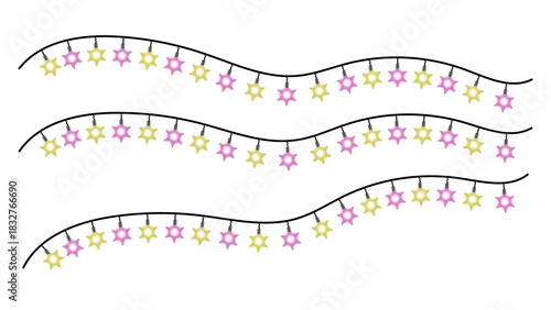 Christmas light three wavy strings of decorative string lights shaped like yellow and pink stars of david isolated on transparent background