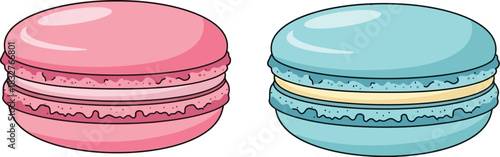 Two colorful macarons pink and blue isolated on white background